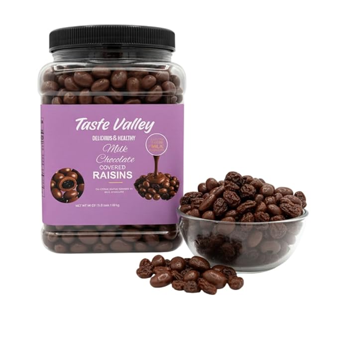Taste Valley Milk Chocolate Covered Raisins – 54 oz Bulk Resealable Jar – Premium California Sun-Dried Fruit Coated in Real Milk Chocolate – Old Fashioned Movie Theater Candy &amp Healthy Snack
