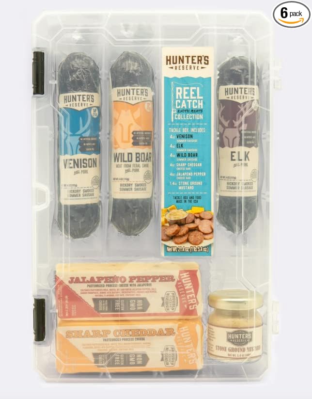 HUNTERS RESERVE - A REEL CATCH EXOTIC MEAT &amp CHEESE COLLECTION - TACKLE BOX - VENISON ELK WILD BOAR SHARP CHEDDAR CHEESE STONE GROUND MUSTARD