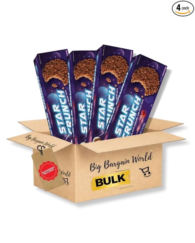 Big Bargain World Multipack Box StarCrunch Snack Cake 4 Snack Treat Rice Cookies Chocolate Crunch Yummy Cosmic Snacks 4 Count Box Bulk Ideal for any occasion Bonus Bookmark