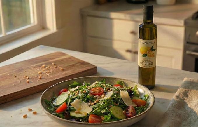 Blazing Bella Lemon Infused Extra Virgin Olive Oil – Bright Meyer Lemon Flavor Cold Pressed California Olive Oil Perfect for Salads Seafood and Everyday Cooking – 16.9 fl oz (500ml)