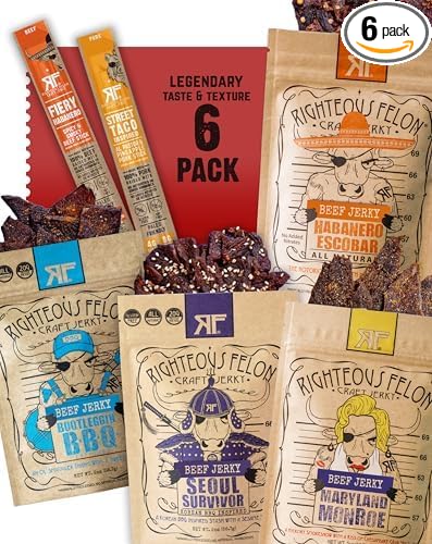 Righteous Felon Beef Jerky &amp Meat Sticks Variety Pack | Gluten Free Beef Jerky Snack Packs for Adults | High Protein Keto Low Sugar | Made with Premium Meats | Gifts for Men | Spicy Jerky 6 Pack
