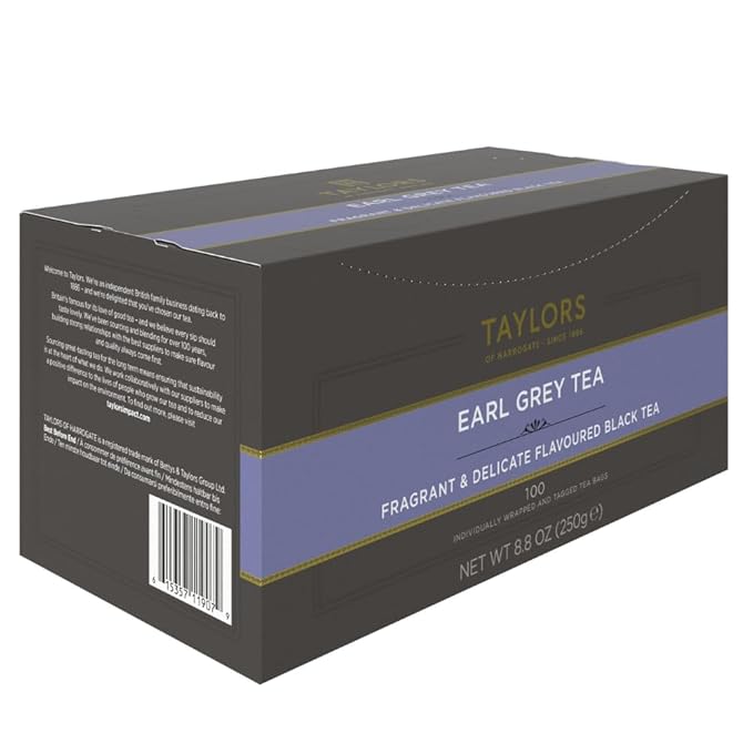 Taylors of Harrogate Earl Grey Black Tea Individually Wrapped Bags 100 Count (Pack of 1) Fragrant Delicate &amp Light Caffeinated Enjoy Hot or Iced 100 Teabags