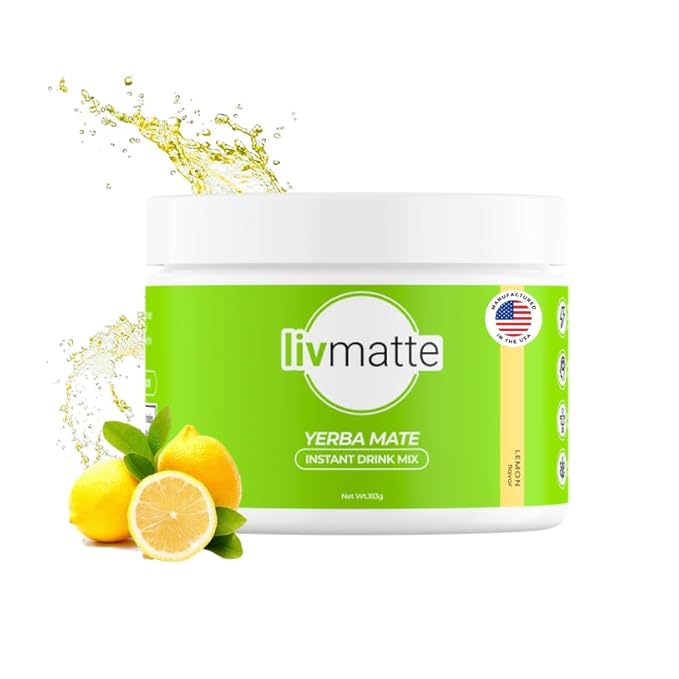 LivMatte Yerba Mate Instant Tea Powder-Natural Caffeine Flavored Drink Mix Sugar-Free Clean Energy Mental Focus + Wellness Support I 30 Servings (Lemon) | Natural Flavored Plant Extract Caffeine