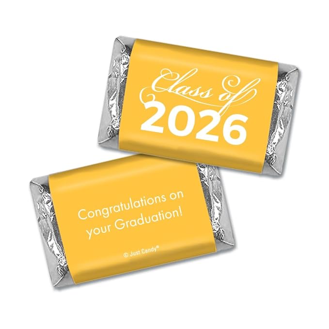 124 Pcs Yellow Graduation Candy Party Favors Yellow Wrapped Miniatures and Silver Kisses by Just Candy (1.52 lbs approx. 124 Pcs)
