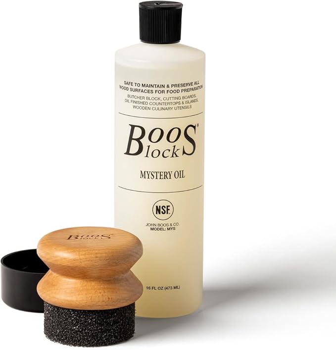 John Boos 2-Piece Care Set 16 oz Mystery Oil &amp Round Beechwood Applicator - All-Natural Maintenance Formula for Butcher Blocks Cutting Boards Wooden Countertops &amp Wood Utensils
