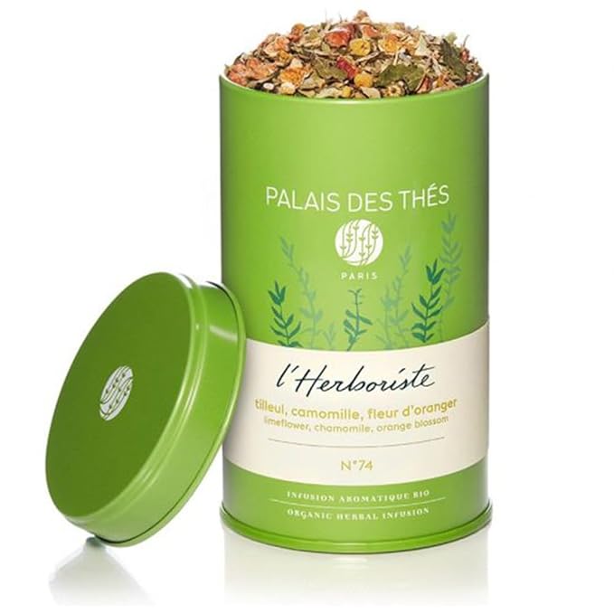Palais des Thés Caffeine-Free Tea - L'Herboriste N∞74 Organic Calming Herbal Blend with Limeflower Chamomile &amp Orange Blossom - Premium Loose Leaf Tea 2.5oz Tin