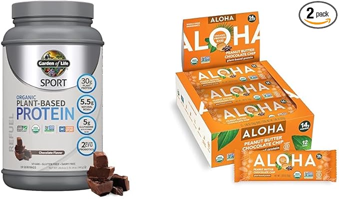Garden of Life Organic Vegan Sport Protein Powder &amp Aloha Organic Plant Based Protein Bars |Peanut Butter Chocolate Chip | 1.98 Oz