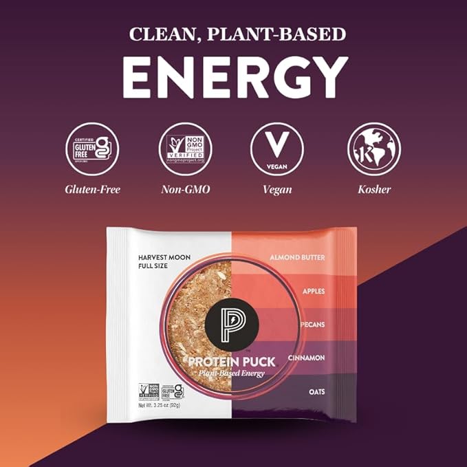 Protein Puck Plant Based Bars | Snacks with Vegan Protein | 16 Count | 3.25 oz Full Size | Gluten Free Non Dairy Kosher Certified Non GMO Premium Healthy Bars | Harvest Moon