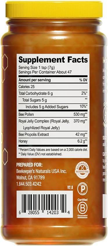 Superfood Honey by Beekeeper's Naturals - Bee Pollen Royal Jelly Propolis Honey - Natural Energy Immune Support Mental Clarity Athletic Performance (11.6 oz)
