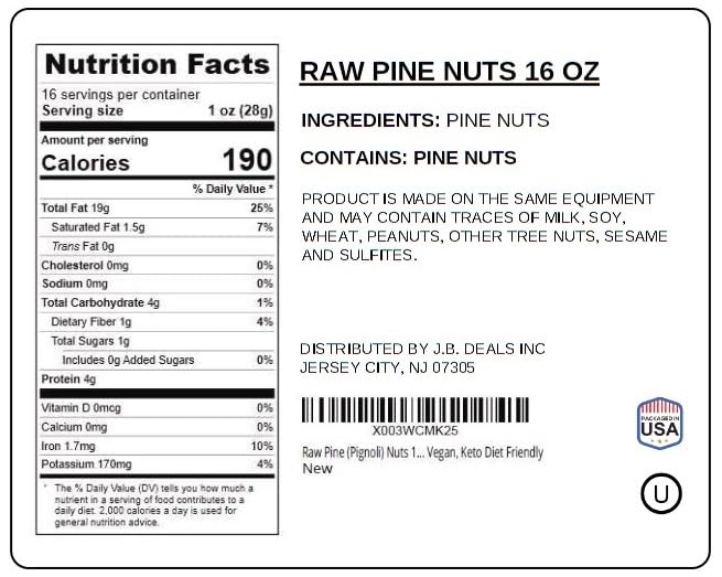 Raw Pine Nuts 1 Pound | Whole Natural Unsalted Pignolias | Great for Cooking Baking Salads Pesto Sauce Roasting | Vegan Keto Paleo Friendly | Jaybee's