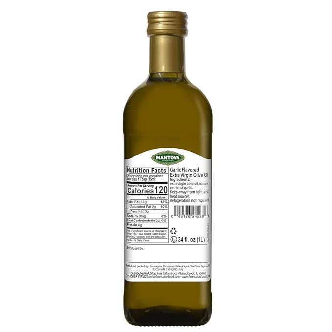 Mantova Garlic Extra Virgin Olive Oil (EVOO) Cold-Pressed and Imported from Italy 34 oz Glass Bottle - Flavorful Topping for Salads Vegetables and Pasta Dishes - Ideal for Dipping Italian Bread or