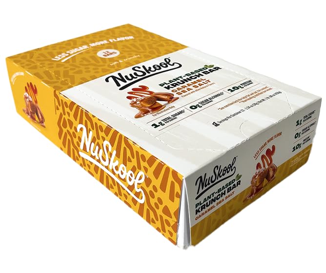 NuSkool Keto Friendly Krunch Bars - 7g Fiber 10g Plant-Based Protein 3g Net Carbs - Gluten-Free Non-GMO Vegan (12 Count Caramel Sea Salt)