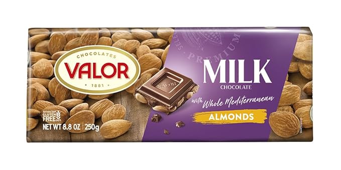 Valor. Milk Chocolate with Mediterranean Almonds. 250g (8.75oz). Pack of 3.