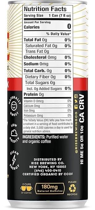 RISE Brewing Co. | Original Black Nitro Cold Brew Coffee | Sugar and Gluten-Free Vegan | Organic &amp Non-GMO | Low Acidity | 7 fl. oz. Cans (4 Pack)