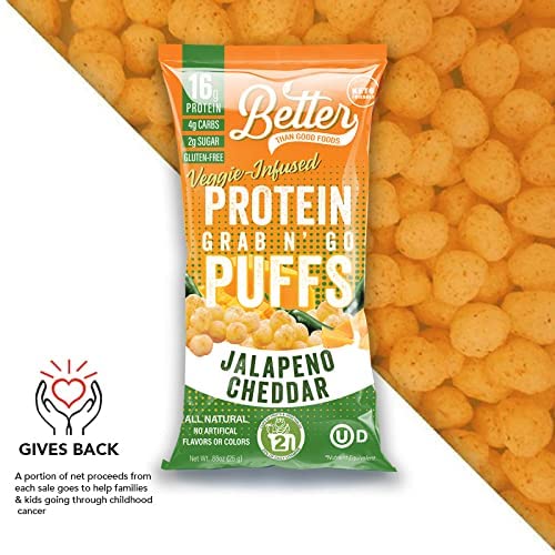 Better Than Good Savory Keto Gluten-Free Jalapeno Cheddar Protein Puffs (12-Pack) - Paleo Low Sugar Low Calorie Diabetic Friendly Snacks | 16g Protein &amp 2 Servings of Fruits &amp Veggies