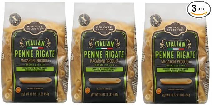 Italian Penne Rigate Macaroni Product Bronze Cut Crafted With Golden Amber Drum Wheat Semolina (3 Bags 16 oz. each)