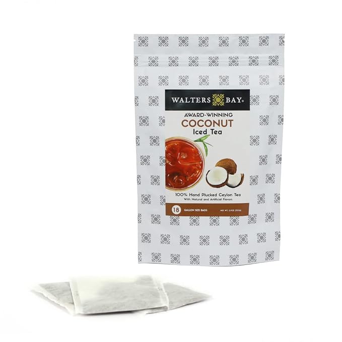 Walters Bay Coconut Iced Tea - 18 Count Gallon Sized Tea Bags Ceylon Black Tea 100% Hand Plucked Unsweetened Tropical Coconut Flavor Sri Lankan Tea