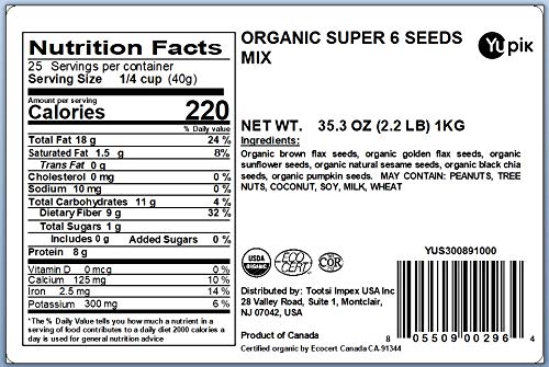 Yupik Organic Super 6 Seeds Mix 2.2 lb (35.2 oz) Pack of 6 GMO-Free Kosher Vegan Rich in Fiber Nutritious Snack &amp Topping Brown &amp Golden Flax Sunflower Sesame Chia &amp Pumpkin See