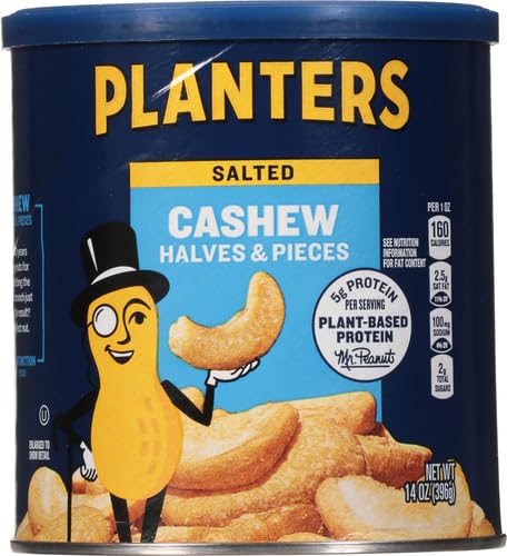 PLANTERS Salted Cashew Halves &amp Pieces Party Snacks Plant-Based Protein 14 Oz Canister (Pack of 2)