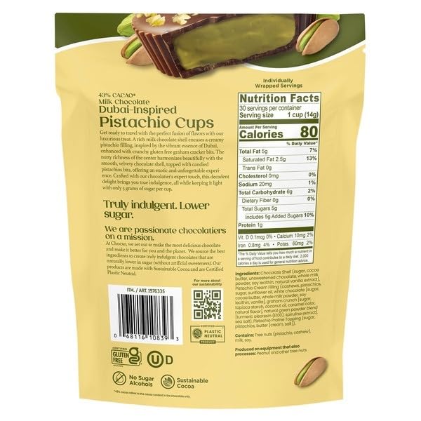 Milk Chocolate Dubai Inspired Pistachio Cups  The rich taste of Dubai-inspired chocolate with these Cups made with smooth 43% milk chocolate and a creamy pistachio cashew filling. Each bite delivers