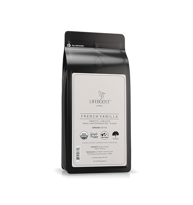 Lifeboost French Vanilla Ground Coffee - Non-GMO Low Acid Single Origin USDA Organic Coffee - Third Party Tested For Mycotoxins &amp Pesticides - 12 Ounces