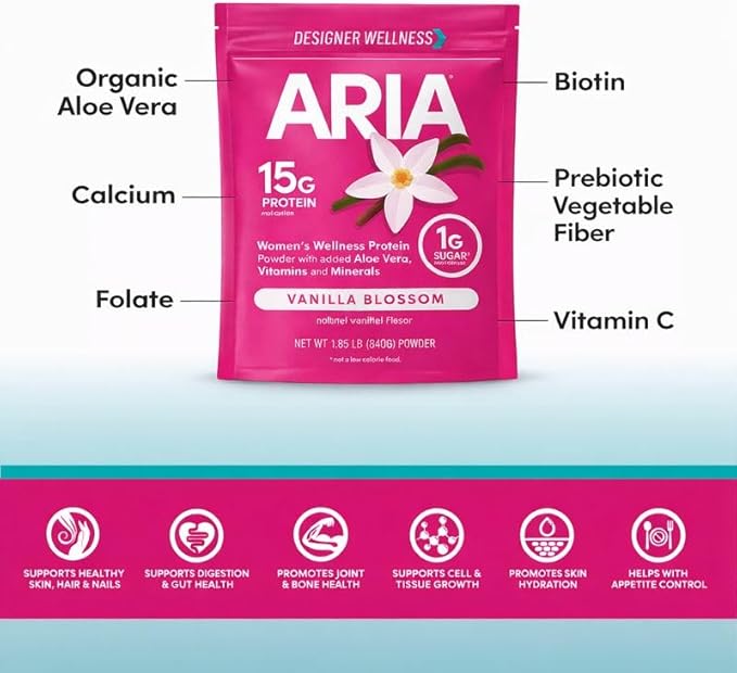 Designer Wellness Aria Women's Wellness Low Calorie Vanilla Protein Powder with Biotin Vitamin C and Organic Aloe Vanilla Blossom 1.85 Pound