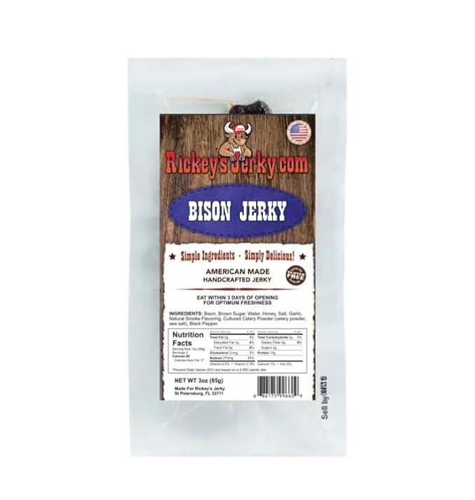 Rickey's Jerky Bison Jerky 100% Made From Solid Strips of meat Exotic Wild Game Jerky All Natural Meat High Protein snack Keto Friendly Gluten Free Simple Ingredients exotic wild game jerky m