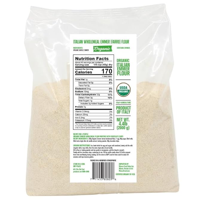 L’Oro Del Sud Organic Farro (Emmer) Flour – 4.4 lb (2 kg) Stone-Ground Ancient Grain Flour from Italy All-Purpose High Fiber Non-GMO