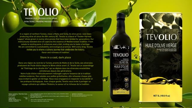 TEVOLIO VIRGIN OLIVE OIL 100% Pure and Cold-Pressed rich in antioxidants &amp healthy fats plant based vegetarian vegan versatile and premium quality low acidity EXTRA VIRGIN OIL - 5 LITER