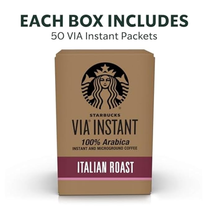 Starbucks VIA Instant Coffee Dark Roast Coffee Italian Roast 100% Arabica Single-Serve 1 Box (50 Packets)
