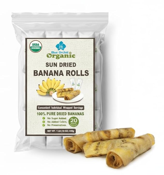 Organic Sun Dried Banana Snacks - Natural Fruit Leather No Sugar Added - No Preservatives - Unsulfured - Soft and Chewy - Bulk Value Pack (16 OZ Individually Wrapped)