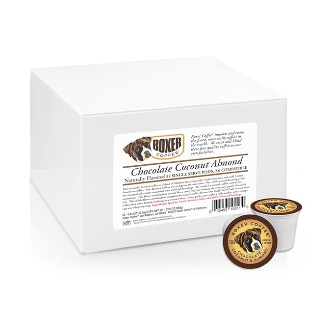 Boxer Coffee 52ct Chocolate Coconut Almond – Naturally Flavored Medium Roast Coffee Pods – Specialty Grade Artisan Single-Serve Cups – Compatible with Keurig K-Cup Brewers