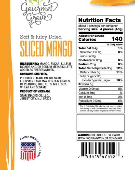 Gourmet Grove - Sliced Mango 6 oz Snack Packs | Soft Juicy Natural Dried Mango Slices | Lightly Sweetened (Pack of 12)