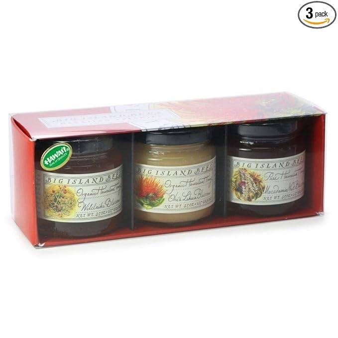 Gourmet Hawaiian Raw Honey Gift Set Single Floral Variety Sampler by Big Island Bees (4.5 oz Each Glass Jar)