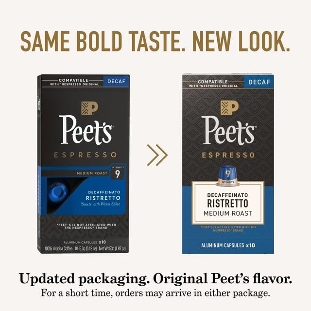 Peet's Coffee Medium Roast Decaf Espresso Capsules Compatible with Nespresso Original Machine Decaffeinated Arabica Coffee - Decaf Ristretto Intensity 10 50 CT (5 Boxes of 10 Espresso Capsules)