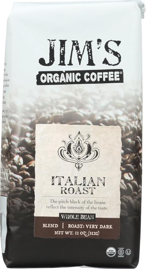 Jims Organic Italian Roast Whole Bean Coffee 11 Ounce - 6 per case.6