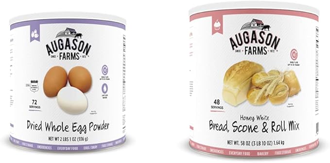 Augason Farms Dried Whole Egg Product 2 lbs 1 oz (Pack of 1) &amp Honey White Bread Scone &amp Roll Mix Emergency Food Storage #10 Can
