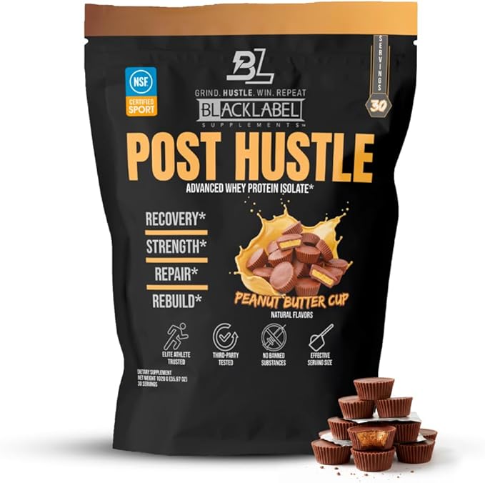 BLACKLABEL Supplements Post Hustle Post Workout Protein Powder 30 Servings – Whey Protein Isolate Powder with Digestive Enzymes – Post Workout Protein Powder – Peanut Butter Cup