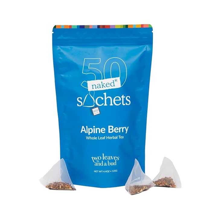 Two Leaves and a Bud Alpine Berry - 50 Naked Tea Sachets Naturally Caffeine Free Whole Leaf Herbal Tea in Eco-Friendly Unwrapped Compostable Sachets Resealable Bag 50 Count (Pack of 1)