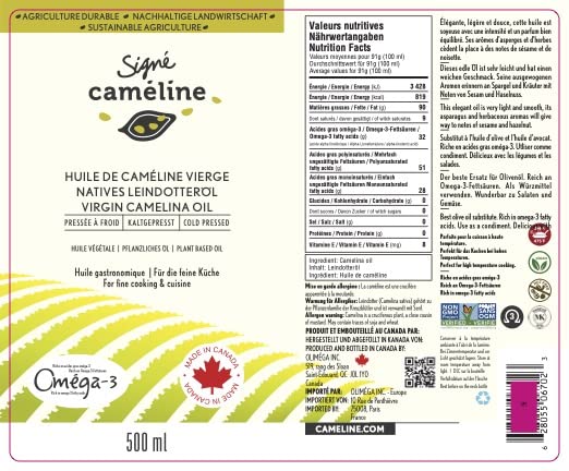 Cold-Pressed Virgin Camelina Oil 500mL X 2 by Signé Caméline | High Smoke Point 475°F | Rich in Omega-3 &amp Vitamin E | Alternative to Olive Oil | Vegan | Made in Canada | Non-GMO