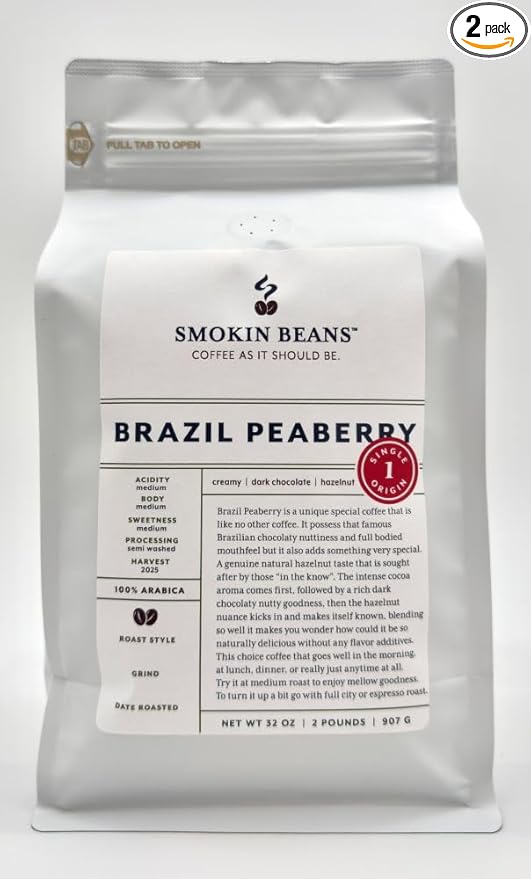 Smokin Beans 2-Pound Brazil Peaberry Freshly Roasted Coffee Semi-Washed Processing Full City Roast Premium Whole Bean Specialty Coffee