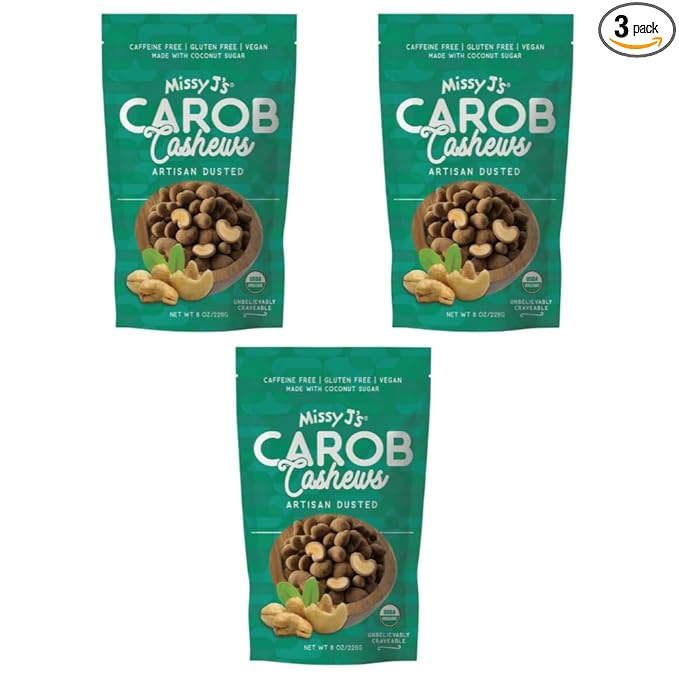 Missy J's Organic Carob Covered Cashews 8 Oz 3 Pack Vegan Gluten Free Substitute for Chocolate Perfect for Snacks and Treats