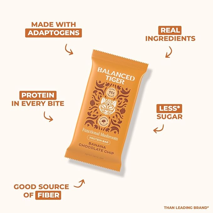 Functional Mushroom Vegan Protein Bars | Made in USA | Full Dose Lions Mane Shitake Reishi &amp Maitake Bars | Plant Protein Bars w/Adaptogens &amp Superfoods | Banana Chocolate Chip Flavor