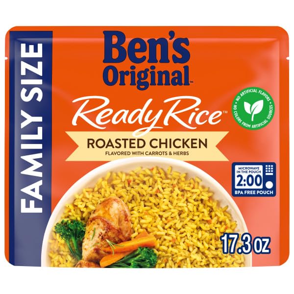 BEN'S ORIGINAL READY RICE Roasted Chicken Flavored Family Size Rice Easy Dinner Side 17.3 oz Pouch (Pack of 6)