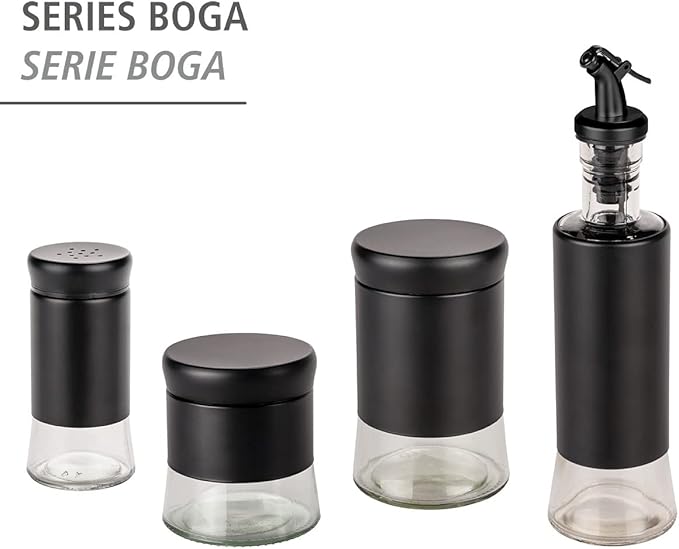 WENKO Boga glass spices set barbecue accessory with 0.14 L black outdoor kitchen spice gift set bottle made of transparent glass with lid made of black plastic Ø 5 x 11.5 cm