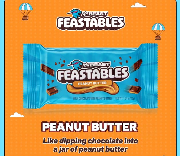 Feastables MrBeast Peanut Butter Milk Chocolate Chocolate Bar Full Size Bar for Adults &amp Kids Candy Bars Snacks Gifts &amp Dessert Fairtrade Cocoa 1.24 Oz Each 5 Count