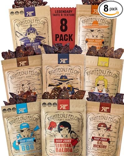 Righteous Felon Beef Jerky Variety Pack | Gluten Free Beef Jerky Snack Packs for Adults | High Protein Keto-Friendly Low Sugar | Made with Premium Meats | Beef Jerky Gifts for Men | Sampler 8 Pack