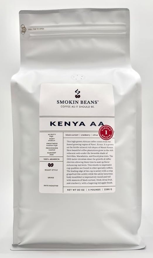 Smokin Beans 5-Pound Kenya Aa Freshly Roasted Coffee Washed Processing Medium Roast Premium Whole Bean Specialty Coffee