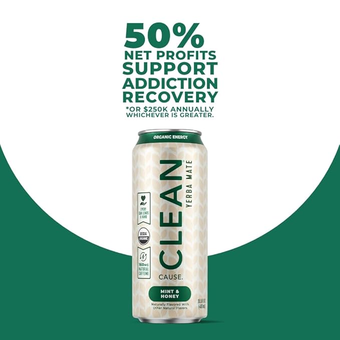 CLEAN Cause Mint and Honey Yerba Mate Tea Non-Carbonated USDA Organic Energy Drink Alternative Low Sugar 160mg Natural Caffeine Soda Alternative Plant-Based (15.5oz cans 12-Pack Case)