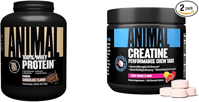 Animal Whey Protein Powder and Creatine Chews Tablets Bundle - Chocolate Flavored 4 lb Protein and Fruit Punch Flavored Creatine for Pre/Post Workout